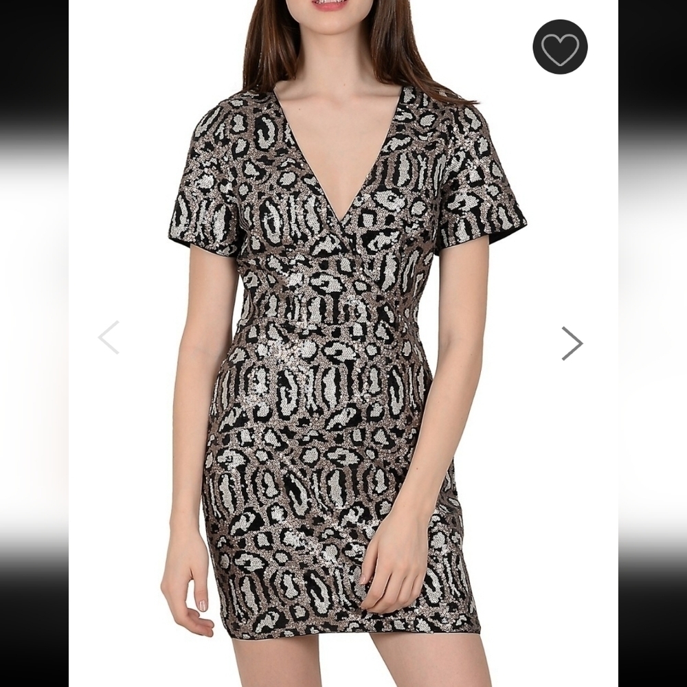 Molly Bracken Leopard Sequin Mini Faux Wrap Dress, VGUC, Size XS
